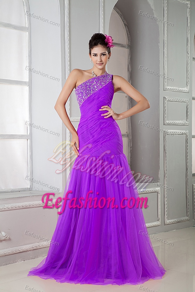 Latest Purple Mermaid Beaded Dress for Graduation with One Shoulder