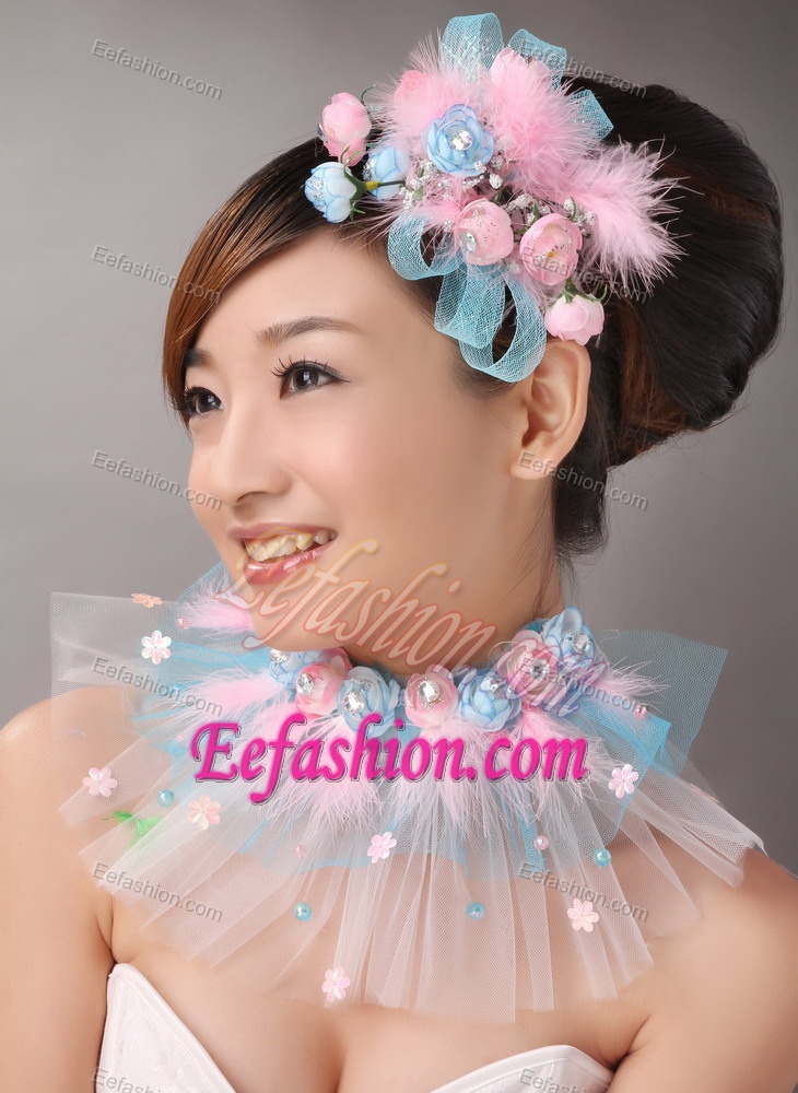 Pink Feather and Blue Net Flower Beading For Party