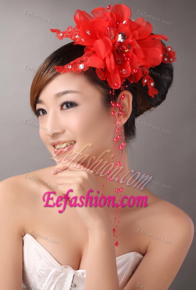 Red Chiffon Bud Silk Flowers With Beading For Party
