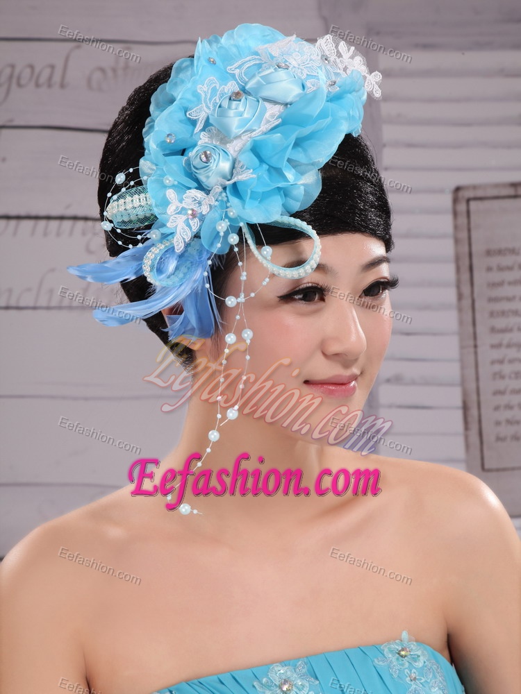 Feather Custom Made Aqua Blue Headpices With Imitation Pearls and Flowers Decorate