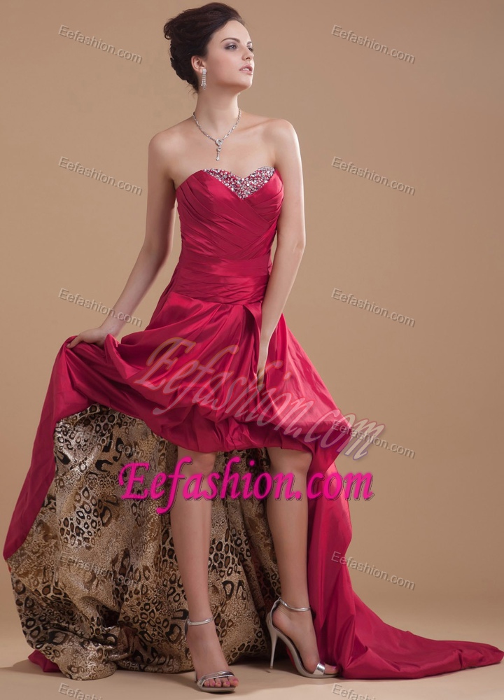 New Red High-low Sweetheart Beaded Prom Dress with Pick-ups and Court Train