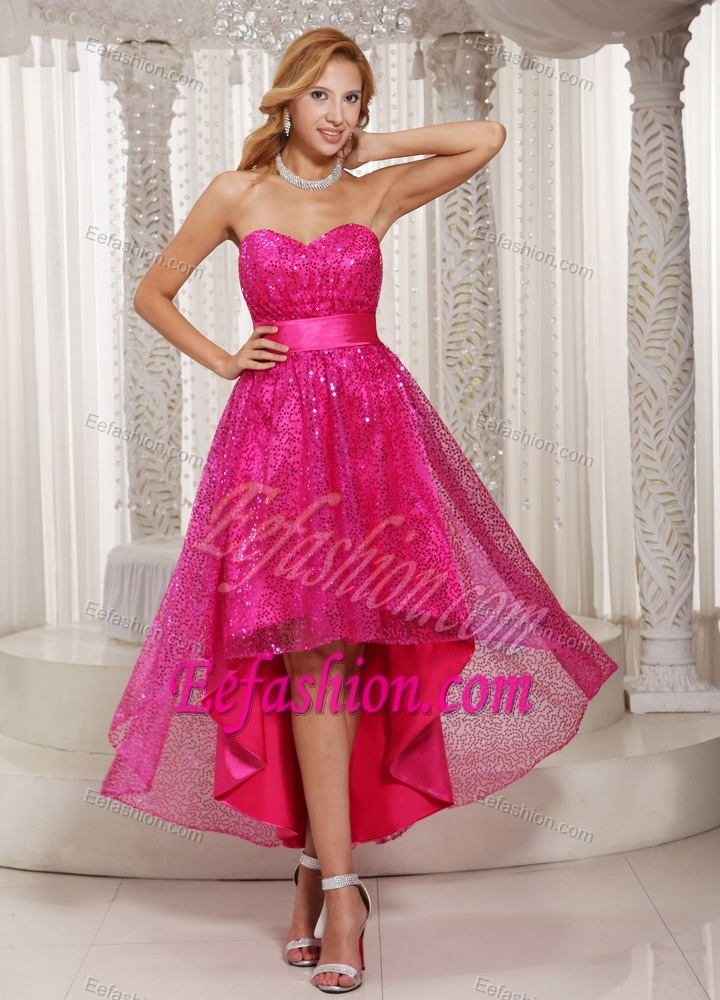Modern Hot Pink High-low Sweetheart Prom Formal Dress with Paillette over Skirt