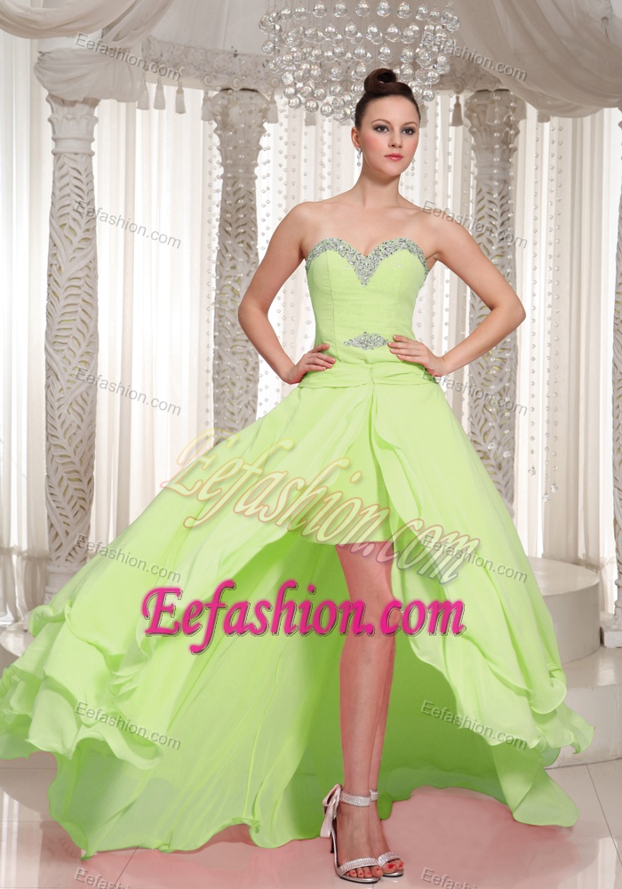 Sweetheart High-low Yellow Green Layered Chiffon Prom Dresses with Beading