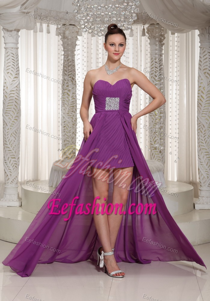 Sweetheart High-low Eggplant Purple Beaded Prom Party Dress with Ruching