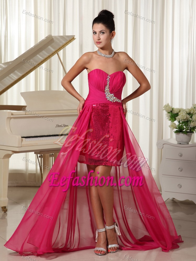 Sweetheart High-low Hot Pink Sequin and Chiffon Prom Dresses with Appliques