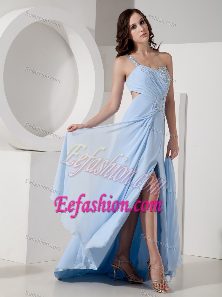 One Shoulder Baby Blue Ruched Chiffon Prom Dress with Beading and High Slit