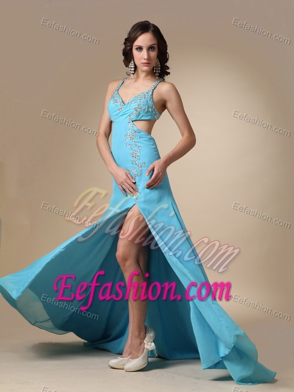 Straps Brush Train Aqua Blue Chiffon Prom Dress with Appliques and High Slit