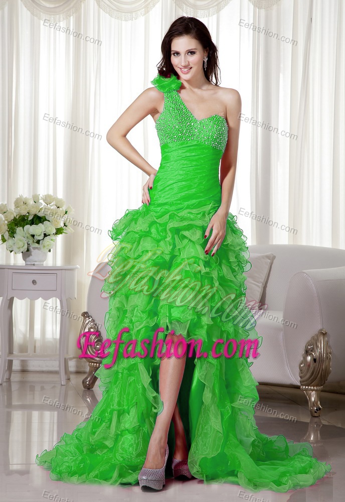One Shoulder High-low Spring Green Ruched Ruffled Prom Dress with Beading