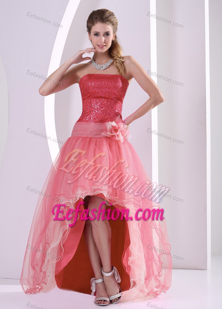 Strapless High-low Watermelon Sequin and Tulle Prom Party Dress with Flower