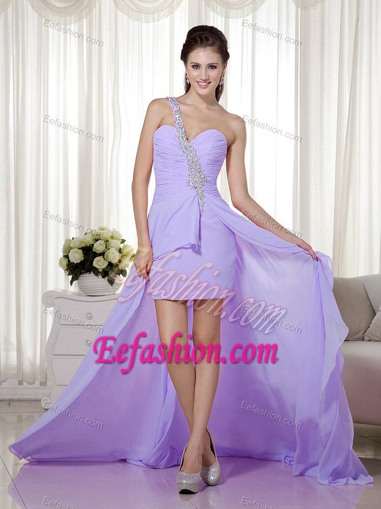 New One Shoulder High-low Lavender Ruched Chiffon Prom Dress with Beading