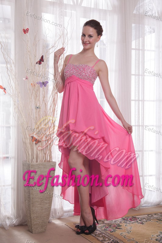 Spaghetti Straps High-low Pink Chiffon Prom Dress with Beading and Pick-ups