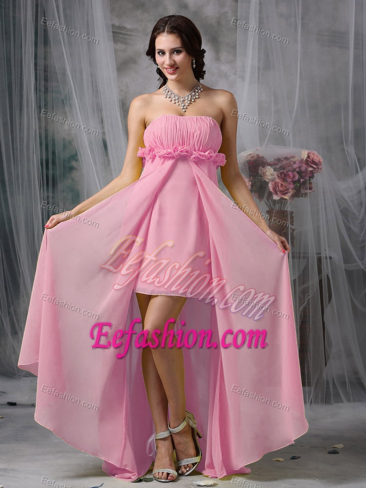 Baby Pink Strapless Long Ruched Flounced Chiffon Prom Dress with Slit