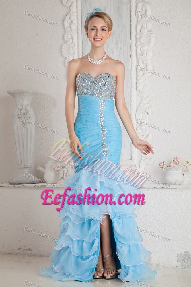 Baby Blue Sweetheart High-low Ruched Prom Dresses with Beading and Ruffles