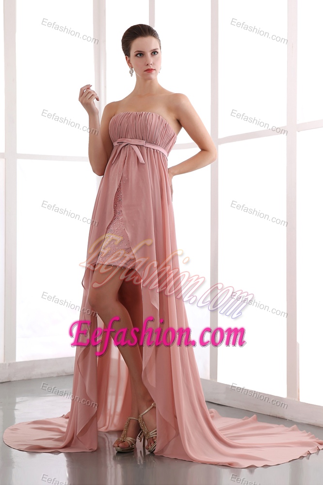 Pretty Strapless High-low Peach Ruched Chiffon Prom Evening Dress with Sash