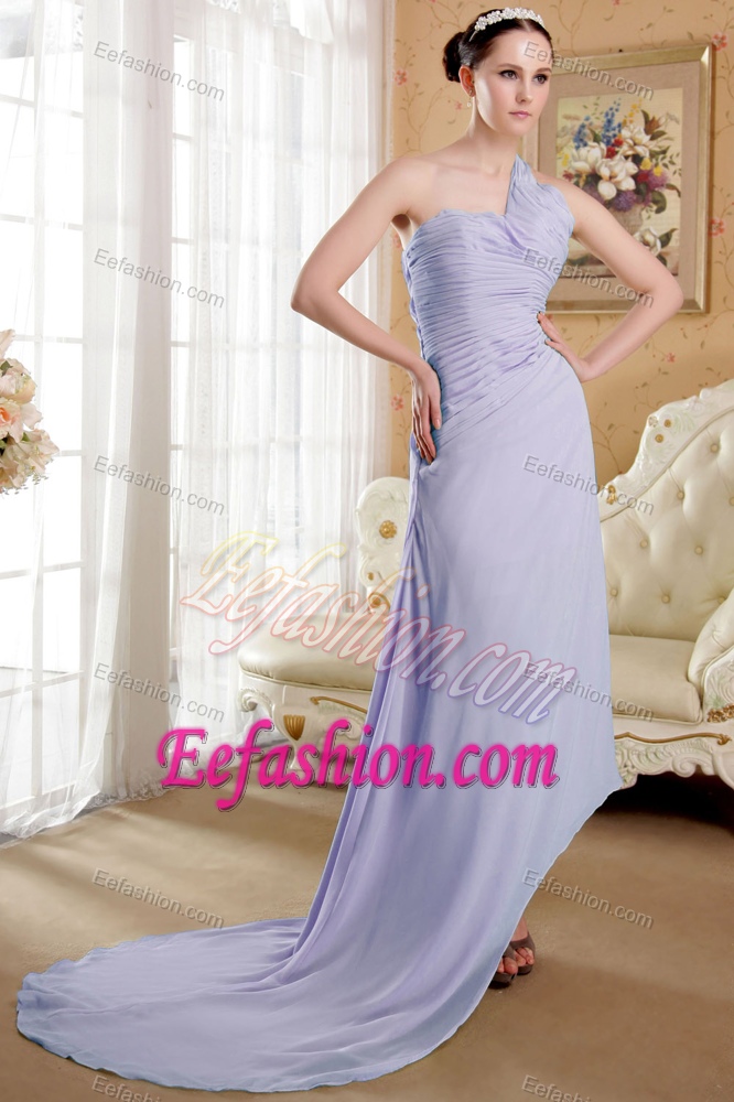 Lilac One Shoulder High-low Brush Train Chiffon Prom Party Dress with Ruching