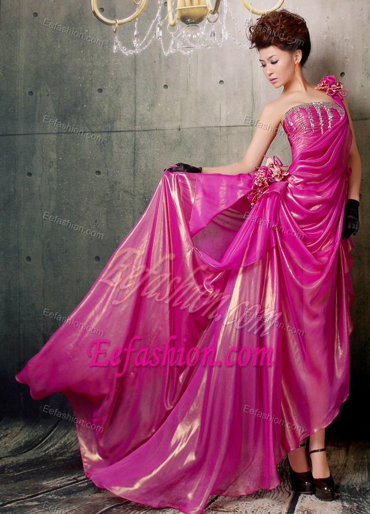 Hot Pink One Shoulder High-low Drapped Prom Dress with Beading and Flower
