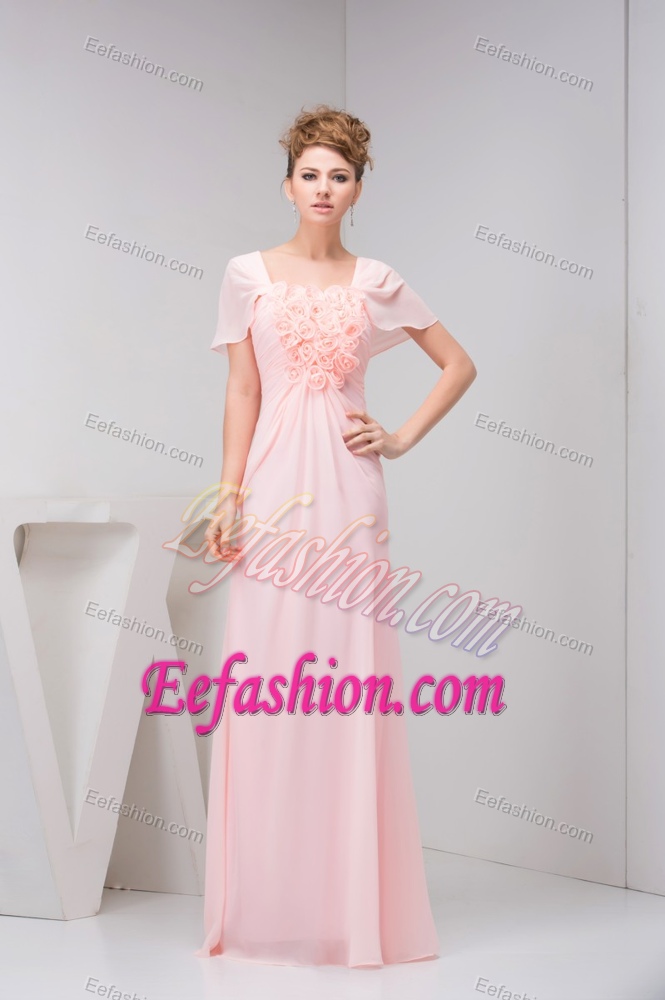 Baby Pink Short Sleeves Long Ruched Chiffon Prom Dress with Flowers