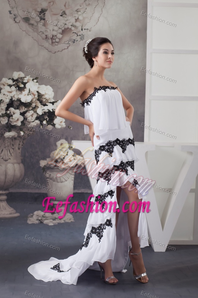 New White Strapless High-low Ruched Chiffon Prom Dress with Black Appliques