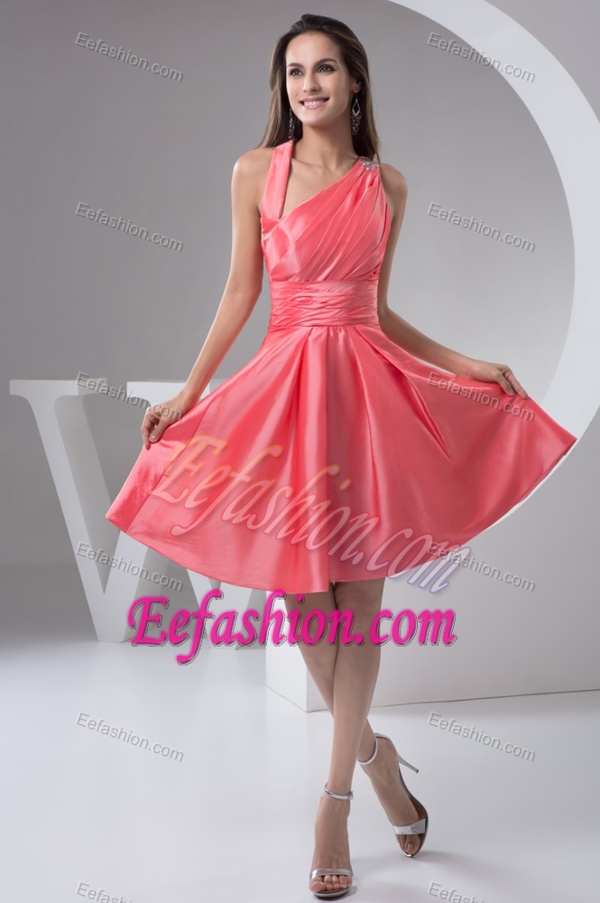 Watermelon Asymmetrical Shoulder Knee-length Ruched Prom Holiday Dresses