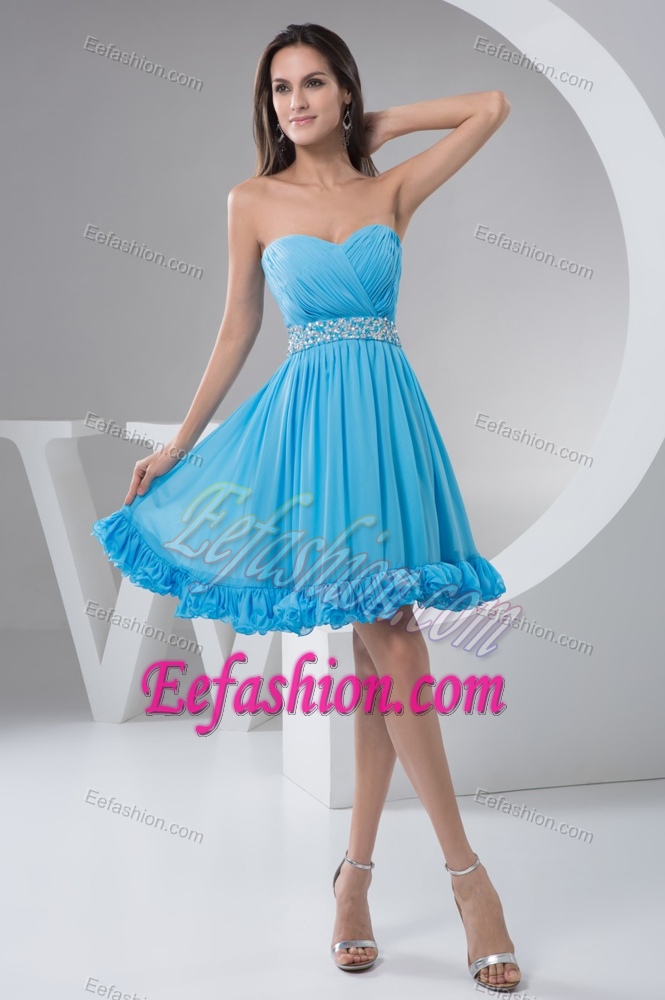 Sweetheart Knee-length Ruched Blue Chiffon Prom Dresses with Beaded Waist
