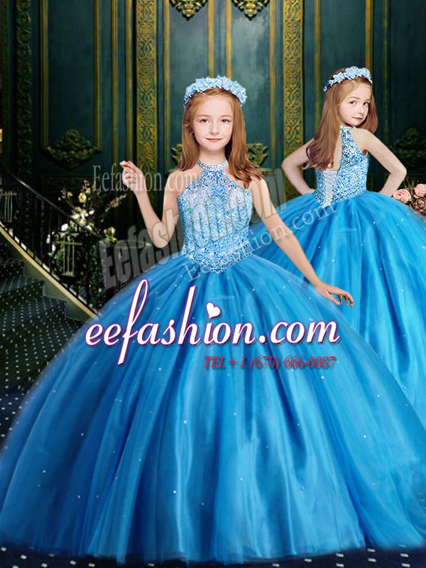  Halter Top Sleeveless High School Pageant Dress Floor Length Beading and Sequins Baby Blue Tulle