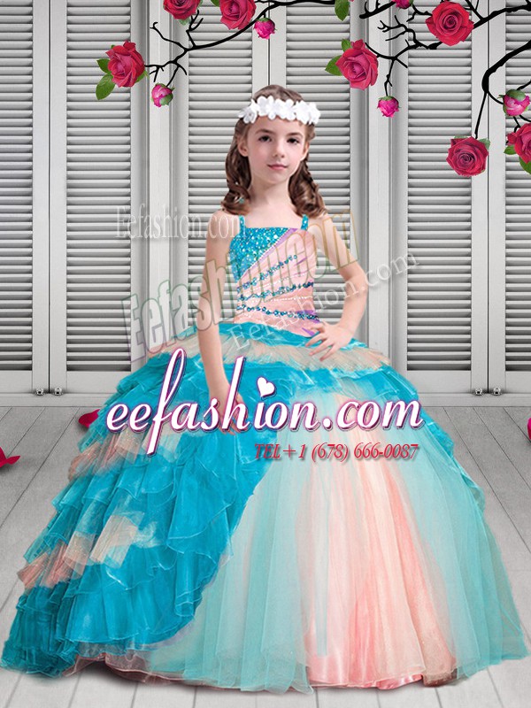 Multi-color Lace Up Spaghetti Straps Beading and Ruffles Evening Gowns Organza Sleeveless