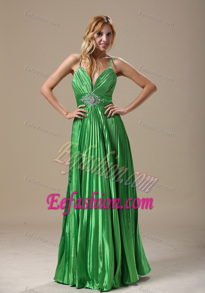 Spring Green Pleated Spaghetti Straps Holiday Gown Dress with Beading