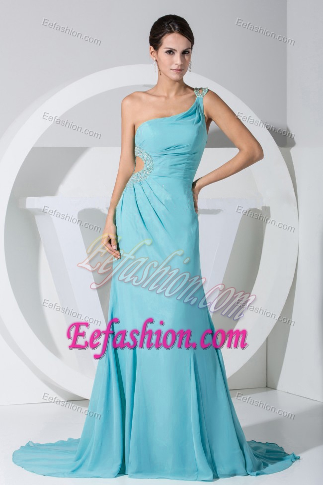 Best One Shoulder Baby Blue Chiffon Ladies Holiday Dresses with Beading
