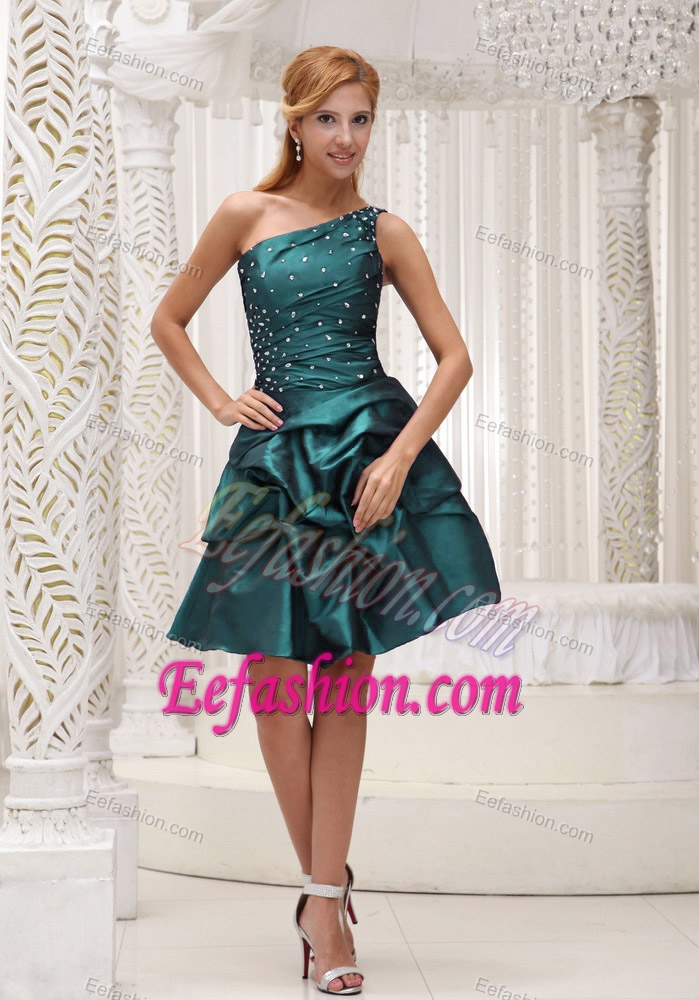 One Shoulder Pick-ups Turquoise Beading Short Women Office Holiday Party Dress