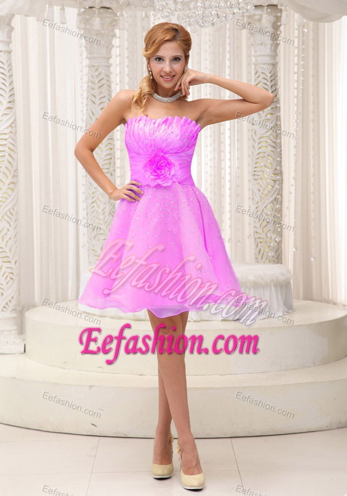 Hand Made Flower Beaded Ruching Pink Strapless Organza Prom Holiday Dresses