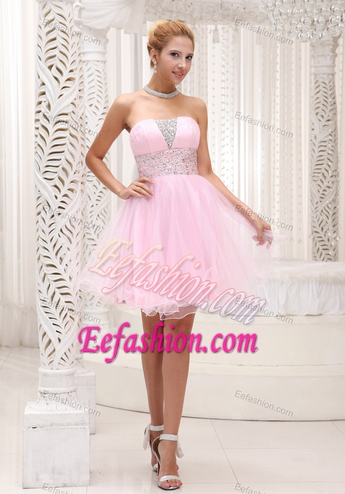 Lovely Strapless Layered Organza Beading Baby Pink Valentine Holiday Dresses