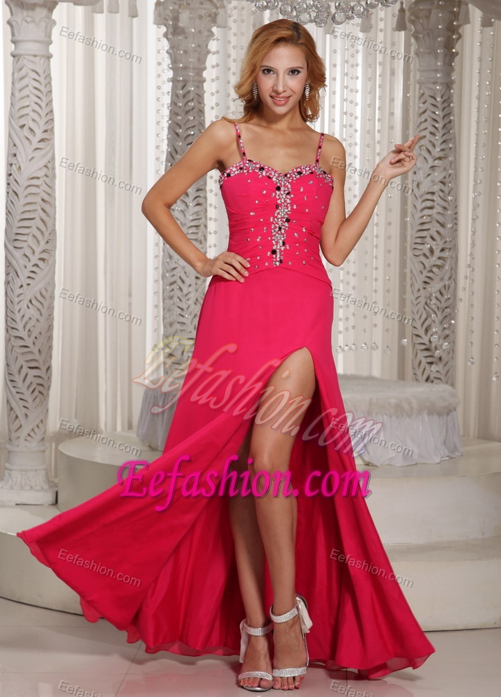 High Slit Spaghetti Straps Coral Red Beading Chiffon New Holiday Party Dresses
