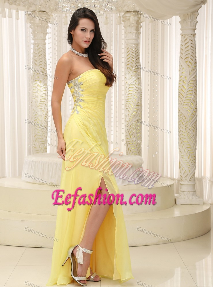 Strapless Ruched Yellow High Slit Chiffon Brand Company Holiday Party Dresses