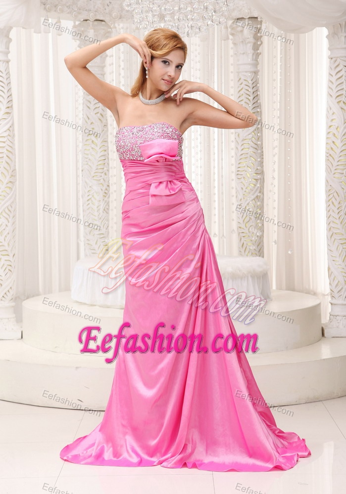 Pink Beaded Ruched Bowknot Holiday Homecoming Dresses with Brush Train