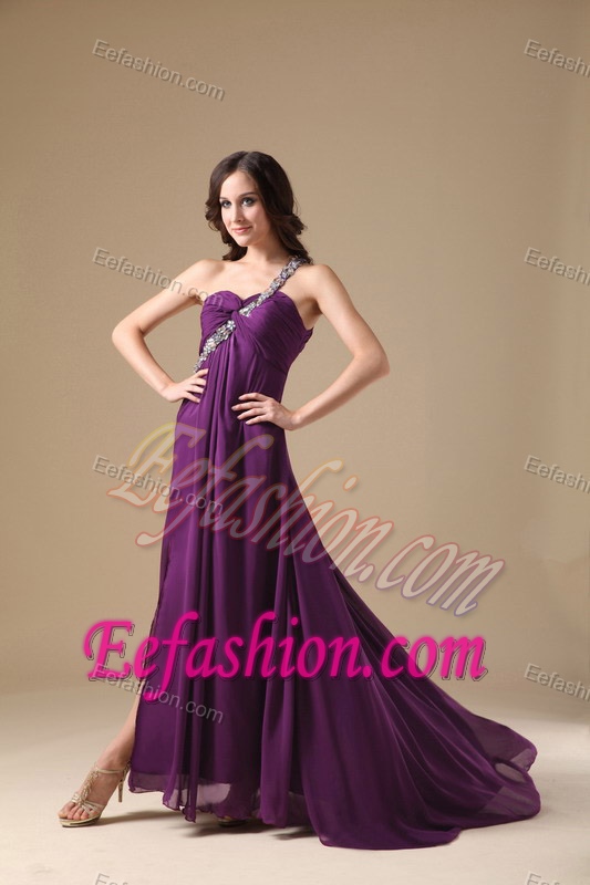 Elegant Purple Beading One Shoulder Chiffon New Arrival Holiday Dress for Prom