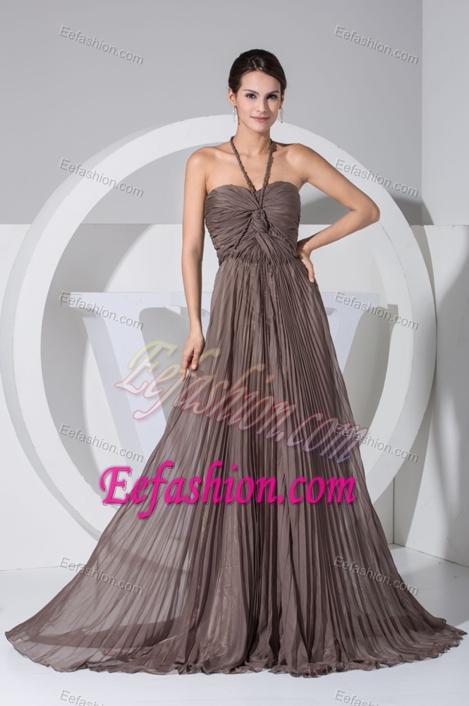 Princess Pleated in Brown with Sweep Train Best Holiday Dress Halter Top Style