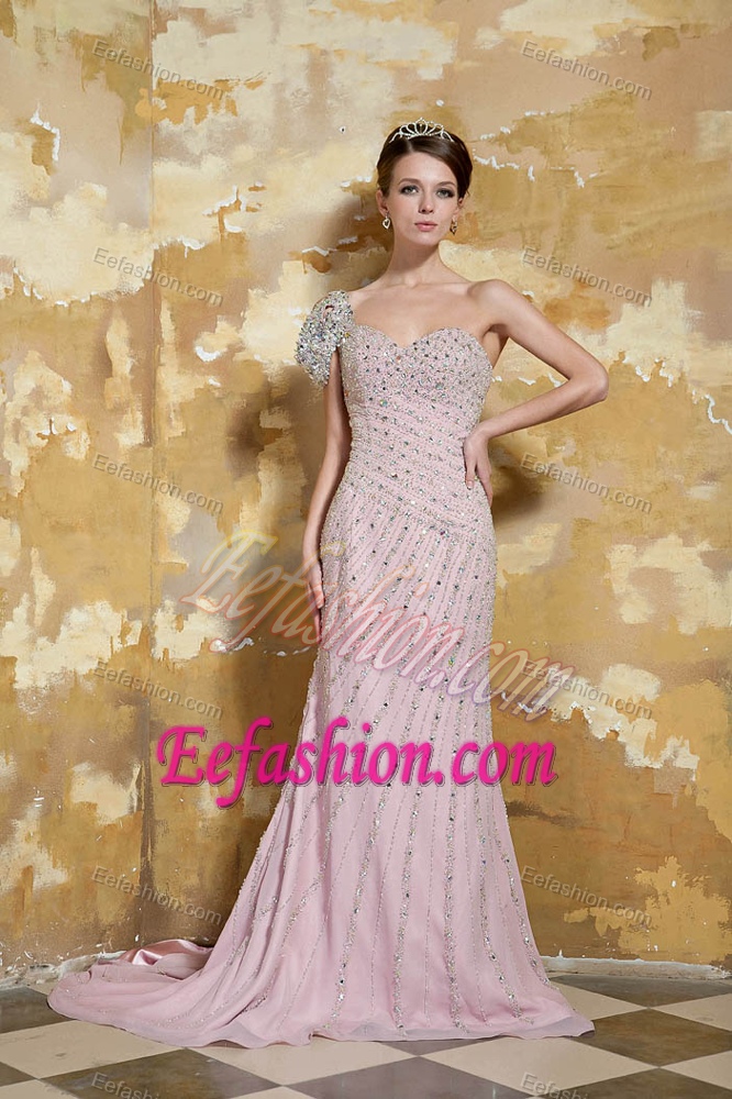 Brush Chiffon Beading One Shoulder Stunning Dresses for Holiday in Light Pink