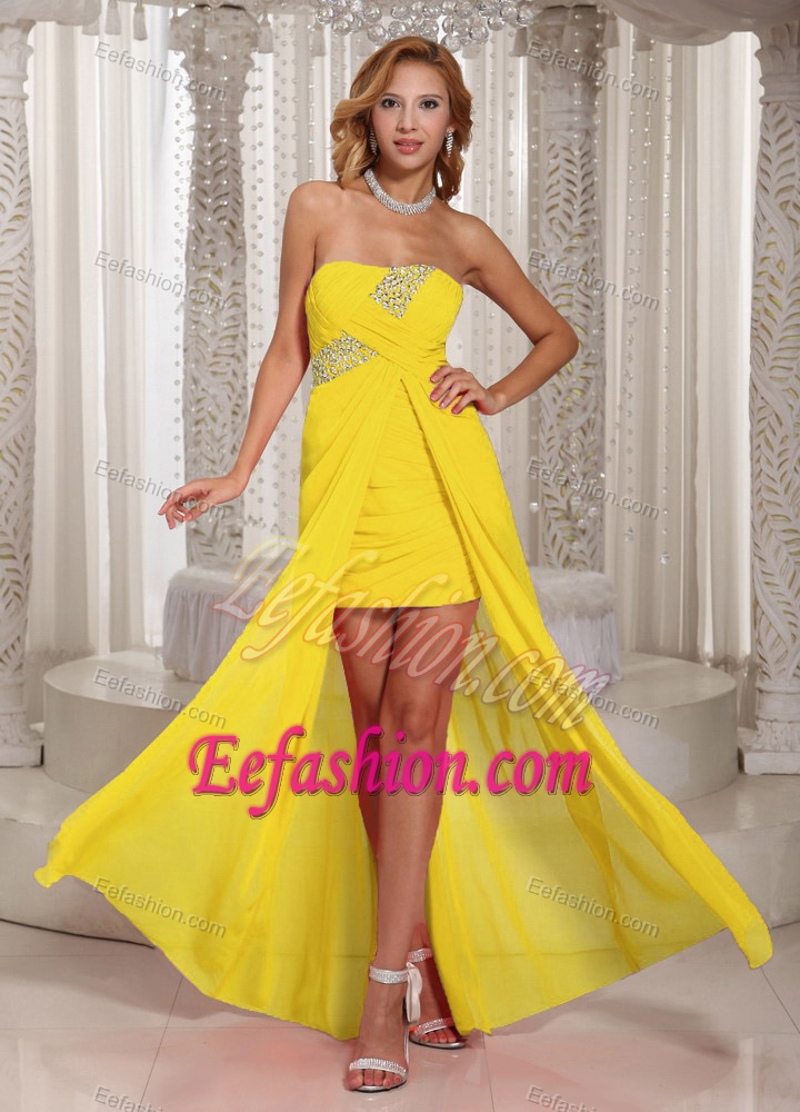 Impressive Strapless High-low Beaded Yellow Homecoming Dress for Juniors