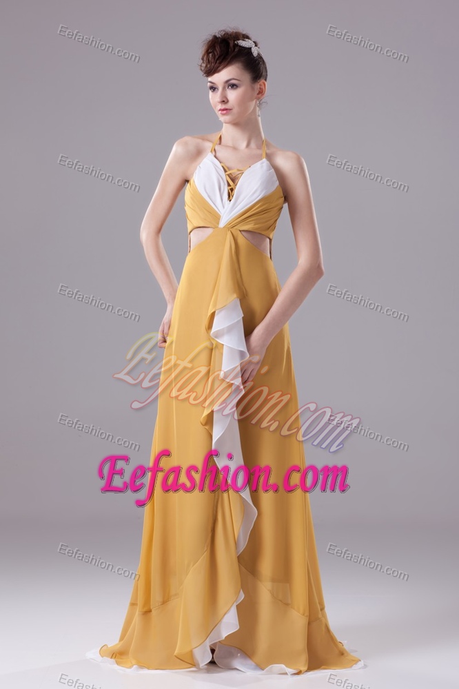 Halter Top Long Yellow Homecoming Princess Dresses with Ruffles and Cutouts