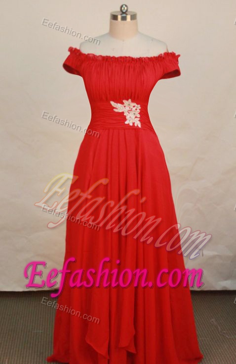 Pretty Empire off the Shoulder Chiffon Red Prom Dresses with Appliques for Girls