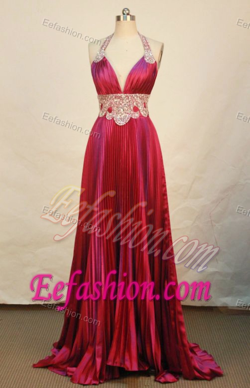 Beautiful Empire Halter Top Beaded Red Prom Dresses with Brush Train on Sale