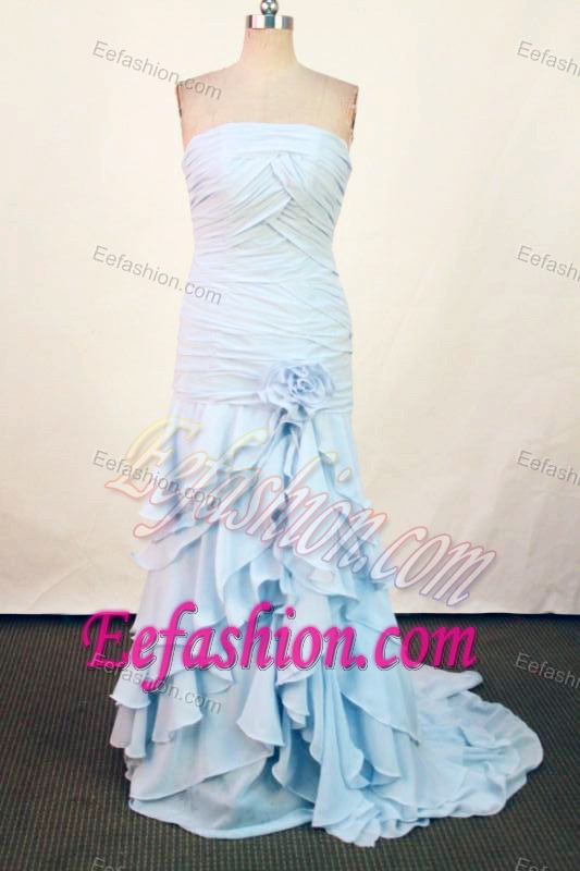 New Light Blue Strapless Prom Dresses with Ruching and Ruffled Layers