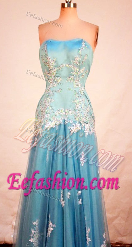 Affordable Strapless Blue Prom Pageant Dress with Appliques for Cheap