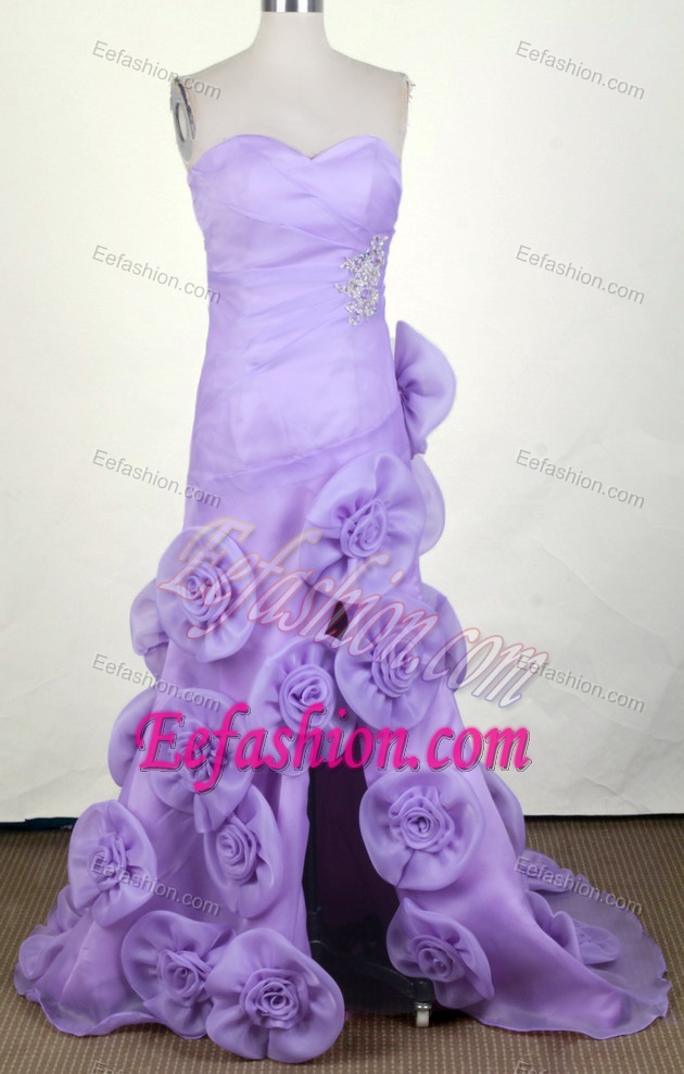 A-line Sweetheart Lavender Prom Dress with Brush Train and Hand Made Flower