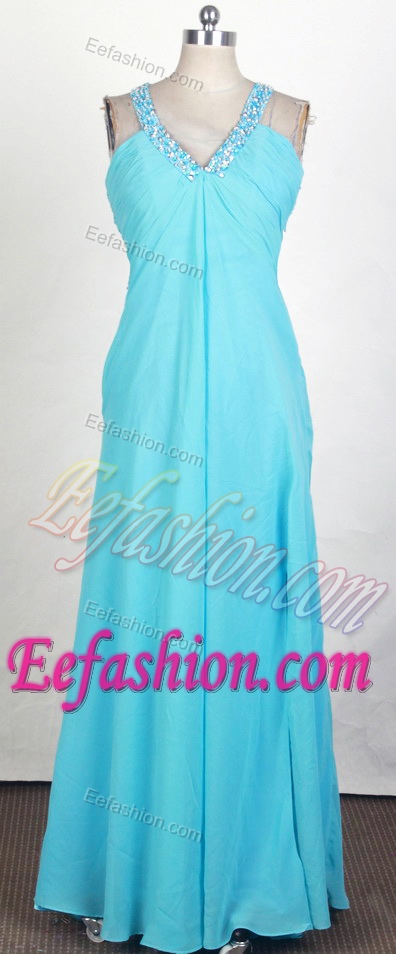 Romantic Baby Blue Empire V- Neck Prom Gowns with Beading