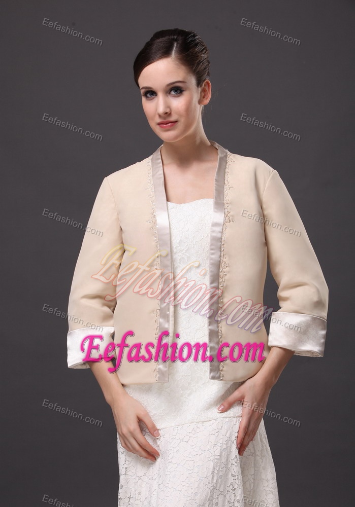 Satin Champagne 3/4 Sleeves Jacket For Other Formal Occasions With Beading Decorate