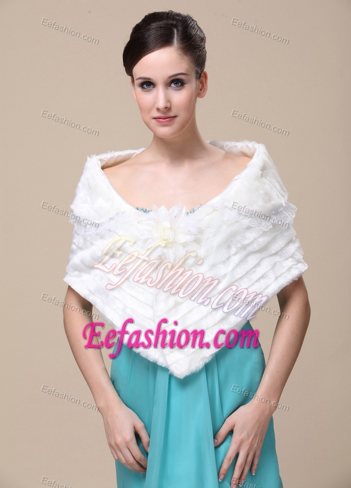 Faux Fur Special Occasion / Wedding Shawl With Hand Made Flower Front