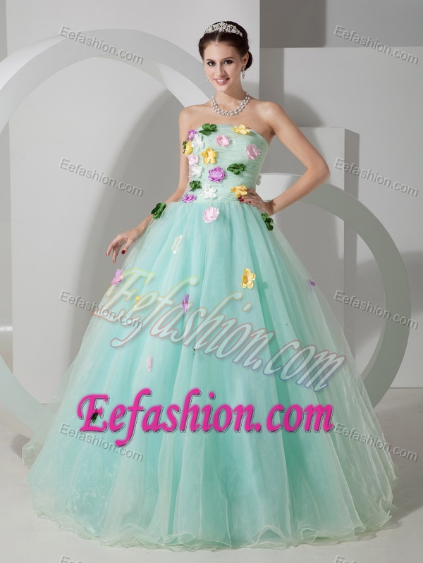 Stunning Apple Green A-line Strapless Quinceanera Dresses with Colorful Flowers