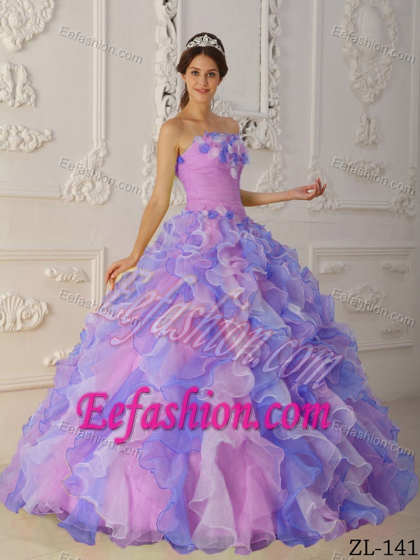 Multi-Color Strapless Organza Dress for Quince with Riffles and Hand Flowers