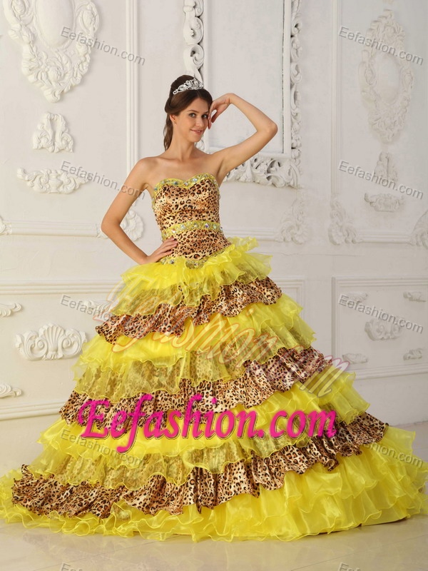 Yellow A-line Strapless Leopard and Organza Quinceanera Dress with Ruffles